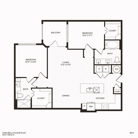 Floor plan for 2 beds, 2 baths, 1183 sqft
